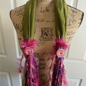 NWOT Handcrafted Scarf in Olive Green w/ Purple, Pink, Yellow Ribbons, Buttons